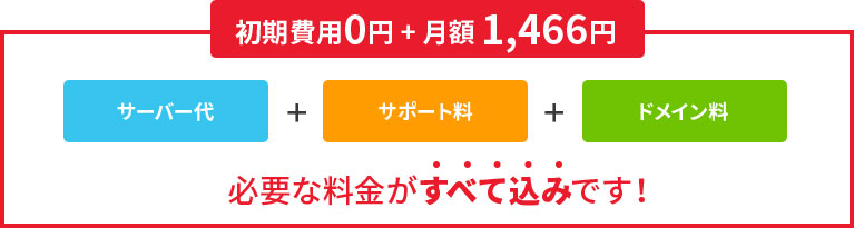 初期費用0円+月額1,466円。サーバー代＋サポート料＋ドメイン料。必要な料金が全て込みです！